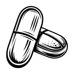 Two Capsules Pill Art, Black Outline Isolated on White Background, Healthcare