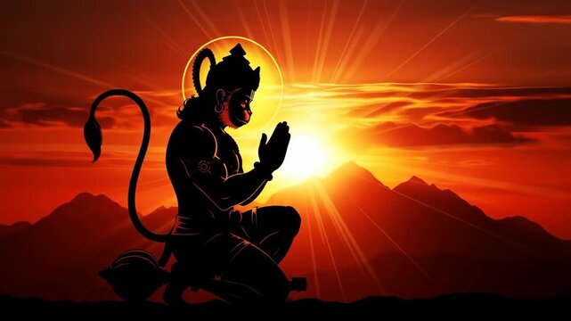 Powerful silhouette of lord hanuman kneeling in devotional prayer against a dramatic radiant sunset sky symbolizing strength and faith