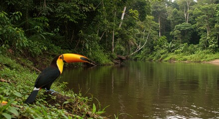 A vibrant and colorful toucan standing on the lush green bank of a tranquil river in the Amazon rainforest