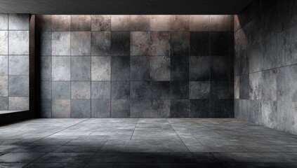 Empty, modern, industrial space with square tiles