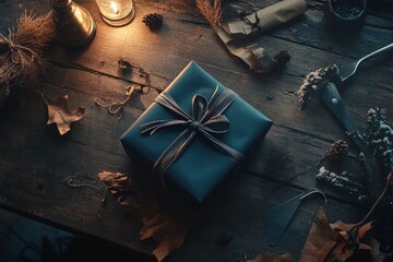 A beautifully wrapped blue gift box tied with a natural ribbon on a rustic wooden table surrounded by autumn leaves and warm candlelight, creating a cozy atmosphere