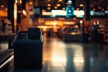 A Modern Shopping Environment Featuring an Empty Shopping Cart in a Supermarket Aisle with Soft Lighting and Blurred Background Elements for an Inviting Atmosphere