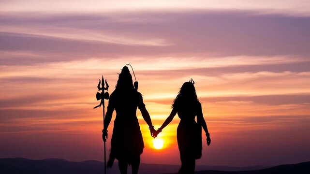 Sacred silhouettes of hindu deities shiva and parvati hand in hand against a beautiful sunset embodying divine love and devotion