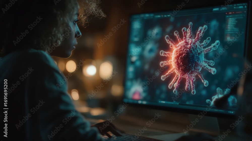 Aufkleber a person analyzes a digital representation of a virus on a computer, highlighting the intersection o