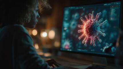 A person analyzes a digital representation of a virus on a computer, highlighting the intersection of technology and science.