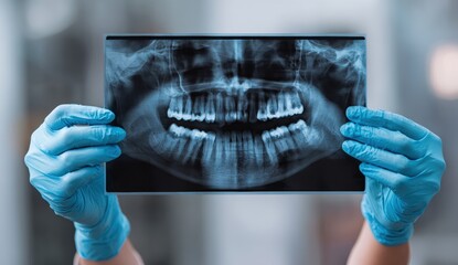 Panoramic dental x-ray held by gloved hands