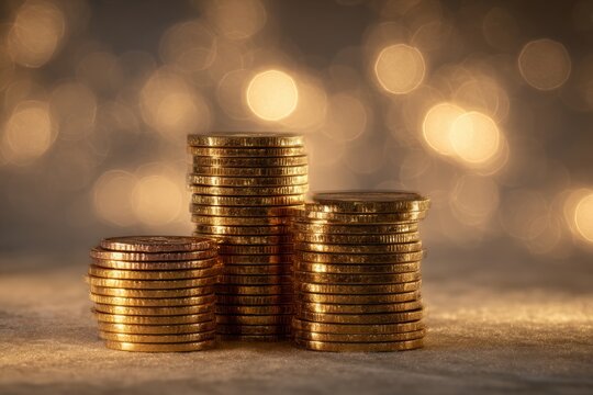 Stacks of gold coins against a bokeh background