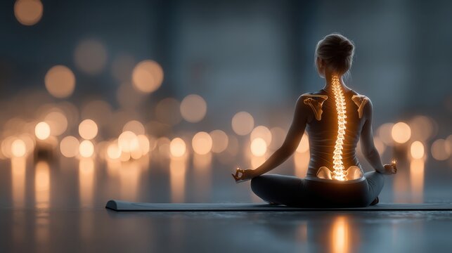 A serene figure meditating, showcasing a glowing spine, surrounded by soft, out-of-focus lights, embodying tranquility and inner peace.