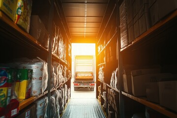 Backlit View of a Warehouse Aisle at Sunset with Boxes and a Truck Preparing for Loading, Capturing the Essence of Logistics and Supply Chain Operations