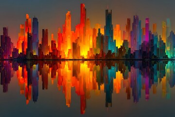 Fototapeta premium Vibrant abstract cityscape with colorful reflections buildings skyscrapers