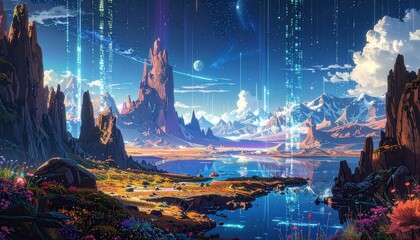 A vibrant, digitally-enhanced landscape showcases towering rock formations, a serene lake, and a breathtaking mountain range under a vast, colorful sky.