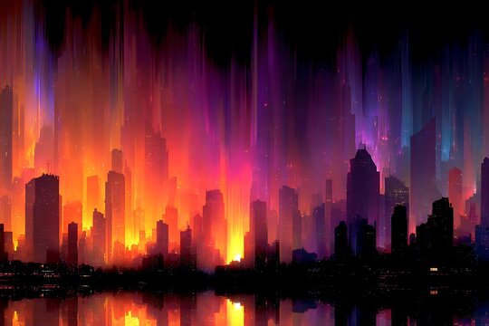 Vibrant cityscape illuminated by colorful light streams skyscrapers urban