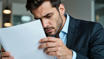 Focused businessman intently reading a document, analyzing important information with concentration.