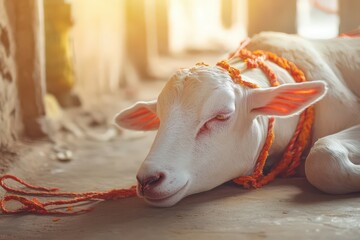 Calf Resting Peacefully with Colorful Rope Tied Around Its Neck in a Rustic Indoor Setting, Evoking Calmness and Serenity in Farm Life Environment