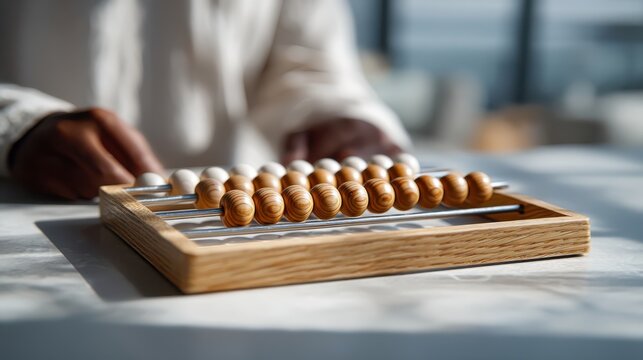A close-up of a person's hand manipulating an abacus, showcasing wooden beads on a sleek surface, emphasizing traditional counting methods.