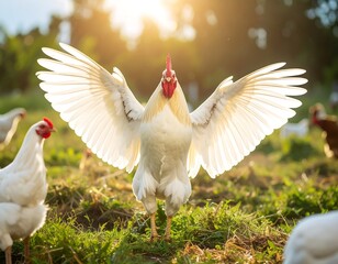 Majestic rooster with wings spread wide in sunlight