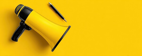 Yellow megaphone and pen on a vibrant yellow background