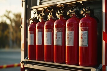 Close-Up of Red Fire Extinguishers Mounted on a Fire Truck, Ready for Emergency Response in Urban Environment During Sunset Light Conditions