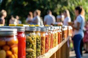 Colorful Glass Jars Filled with Freshly Preserved Vegetables and Fruits Displayed at a Vibrant Outdoor Market with Blurred Background of People
