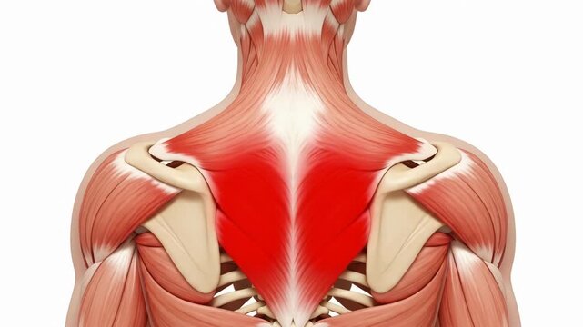 Anatomical animation showcases the human back muscles, specifically highlighting the trapezius muscles and skeletal structure for educational purposes.