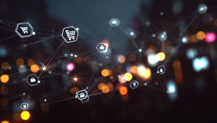 Abstract digital network with shopping icons overlaid on a blurred city lights background