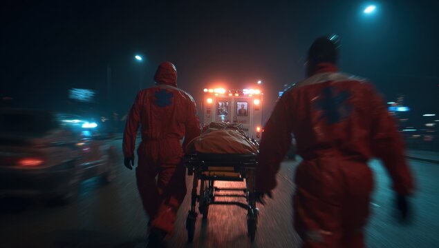 Emergency responders carrying a stretcher at night