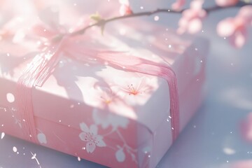 Delicate Pink Gift Box Decorated with Cherry Blossom, Surrounded by Soft Light and Gentle Petals, Perfect for Celebrating Love, Joy, and Special Occasions