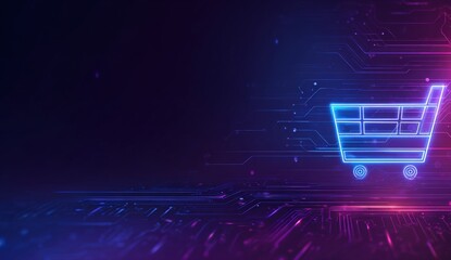 Neon shopping cart on a circuit board background