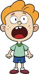 Cartoon boy with an open mouth, expressing surprise or excitement, with bright colors and a playful design.
