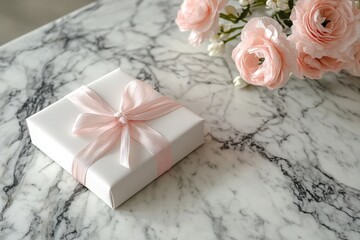 Elegant Gift Box with Pink Ribbon on Marble Surface Surrounded by Soft Pink Flowers for Celebrations, Parties, and Special Occasions in a Cozy Setting