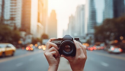 Hands holding a vintage camera, focused on city street at sunset