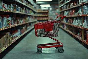 Empty Red Shopping Cart in Grocery Aisle Surrounded by Shelves Full of Products, Natural Lighting, Focus on Fresh Ingredients and Shopping Experience