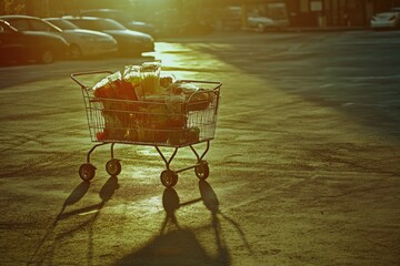 Empty shopping cart on a bright parking lot bathed in golden sunlight, creating dramatic shadows and emphasizing the peaceful atmosphere of an evening scene