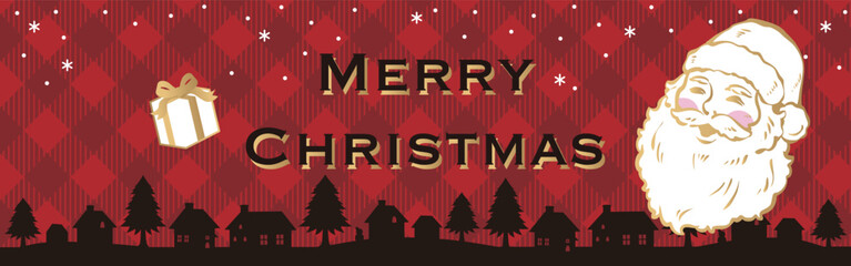 バナー　クリスマスツリー　サンタクロース　街並み　シルエット　フレーム　背景　壁紙　イラスト