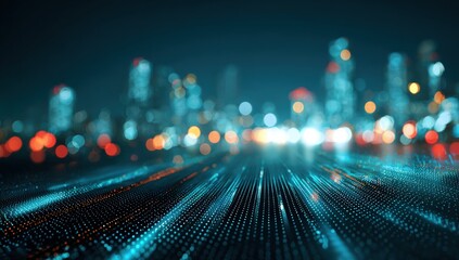 Futuristic city at night with digital overlay