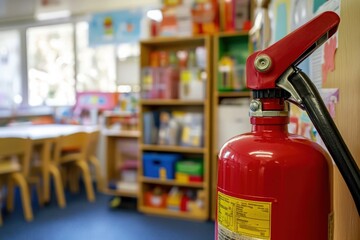 Fire Extinguisher in Classroom Against Colorful Background of Educational Supplies and Furniture, Promoting Safety and Preparedness in Learning Environments