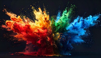 A vibrant CMYK color explosion featuring dynamic splashes of red, gold, green, and blue tones against a solid dark background.