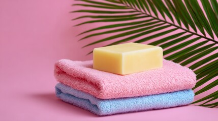 Bar of Light Yellow Soap on Pink and Blue Towels with Green Palm Leaf in Bright Studio