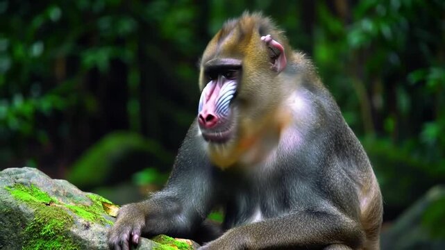 Mandrill monkey resting in forest