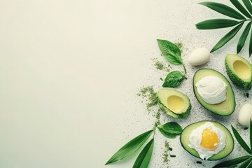 Fresh and Healthy Ingredients Arranged with Avocado, Poached Eggs, Green Leaves, and Spices on a Light Background for Culinary Inspiration and Recipe Development