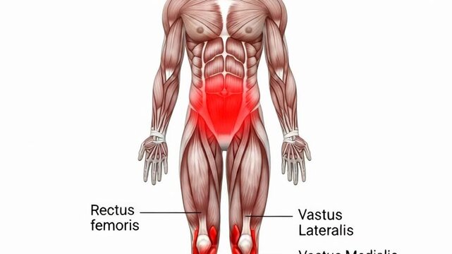 Animated Human Anatomy Showing Quad Muscle Pain with Rectus Femoris, Vastus Lateralis, and Vastus Medialis, highlighting muscle groups and discomfort.
