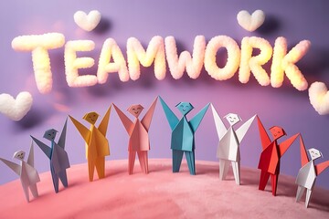 Teamwork concept with colorful paper origami people figures holding hands together on purple background with fluffy cloud hearts