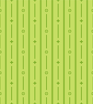 Seamless luxury striped monogram green pattern, vertical ornamental lines with abstract geometric symbols, elegant repeating background design.