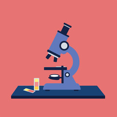A stylized, flat vector illustration of a blue microscope with a slide and test tube on a dark blue table against a salmon-colored background.