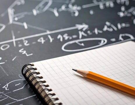 Close-up of notepad with pencil on a chalkboard covered with equations