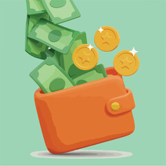 Orange Wallet Overflowing with Green Banknotes and Gold Coins money cash