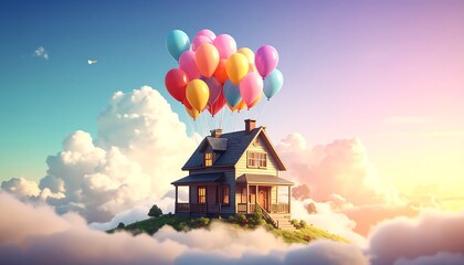 A whimsical house floats on clouds, lifted by colorful balloons in a pastel sunset sky
