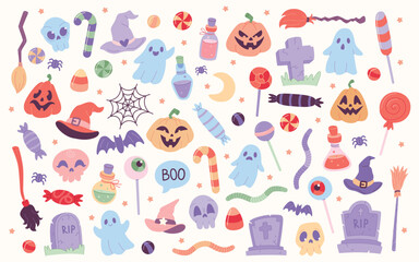 Halloween set with pumpkins, ghosts, candies, potions, hats, brooms, skulls and decorations.
