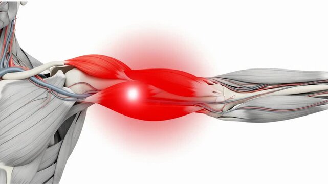 Arm muscle pain animation showing the biceps brachii and other muscles highlighted with red glow indicating injury for medical and educational purposes