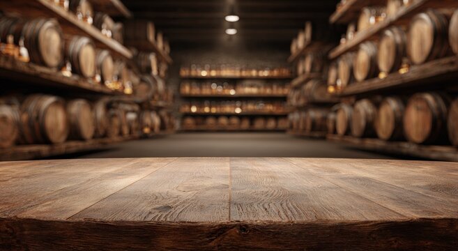 Wooden table in a dimly lit whisky barrel cellar